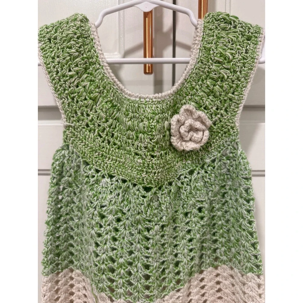 Handmade Crochet Baby Dress Green Cream Floral Accent Sleeveless Knit Girls